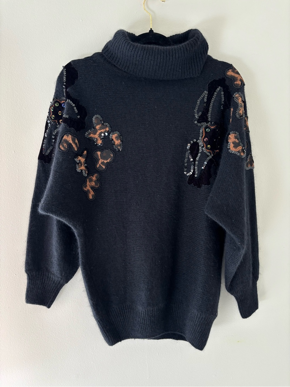 Black Turtleneck Embellished Women's Sweater with Animal Print